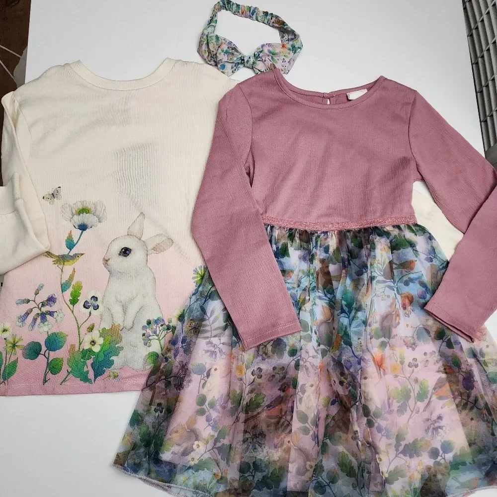 H&M Whooli Chen Girls Easter Spring Bunny Sweatshirt, Headband, & Dress 6x/7 NEW